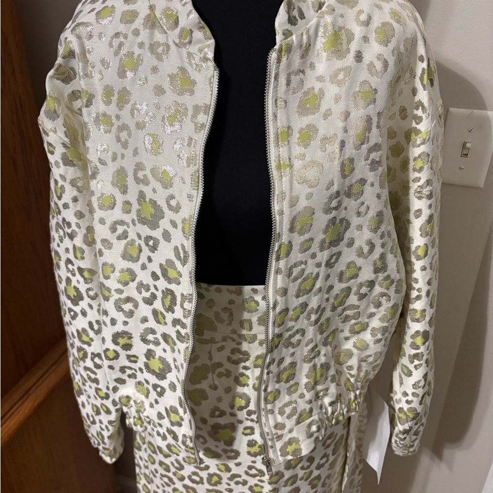 Never Fully Dressed White and Gold Leopard Bomber Jacket and wrap skirt